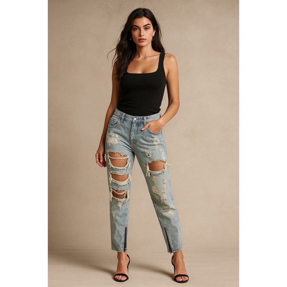 One Teaspoon Light Wash Ripped Straight Leg Jeans